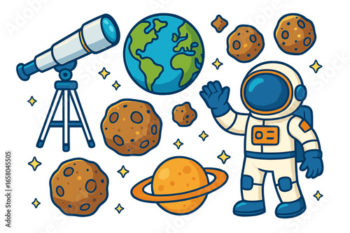 Vector cartoon set for space exploration. Cute astronaut, planets Earth, Saturn, telescope, asteroids and stars. Astronomy science elements for kids. Galaxy discovery concept.