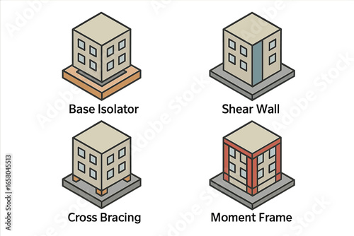 Earthquake resistant building icons. Isometric vector icon set of seismic engineering design. Base isolator, shear wall, cross bracing, moment frame. Structural safety infographic.