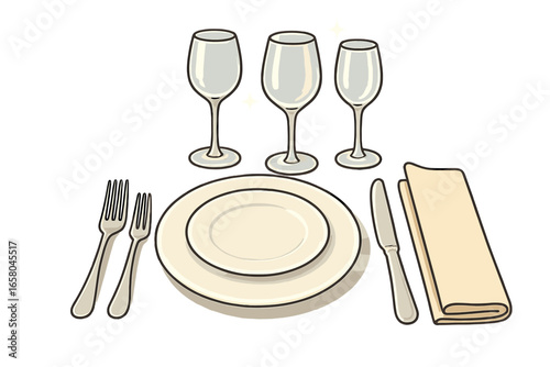 Elegant table setting for fine dining event or formal dinner. Restaurant banquet place setting with plates, sparkling wine glasses, and cutlery. Tableware etiquette vector.