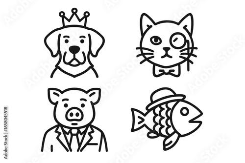 Animal parody icon set. Anthropomorphic characters in outline style. Royal dog with crown, gentleman cat with monocle, business pig in suit, and fish with a hat. Vector.