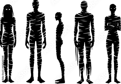 Vector sketch illustration collection of silhouette sketches of mythological creatures designs of creepy horror zombie mummies with circular bandages