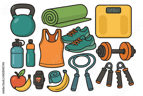 Fitness and sport icon set. Gym workout equipment. Healthy lifestyle concept with dumbbell, kettlebell, yoga mat, scales, skipping rope. Vector cartoon illustration.