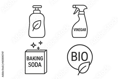 Eco cleaning icons set. Green household supplies for non-toxic cleaning. Natural products like vinegar, baking soda, biodegradable soap. Vector line art illustration.