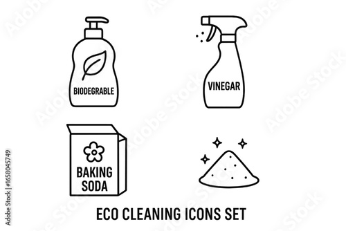 Eco cleaning icons set. Outline illustration of natural, non-toxic household products. Vector symbols for biodegradable soap, vinegar spray, and baking soda for green cleaning.
