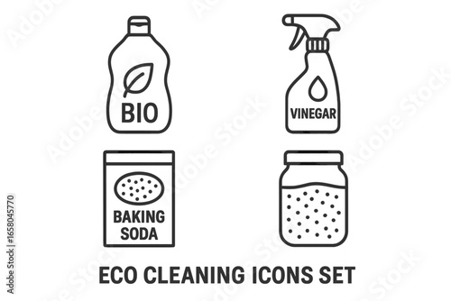 Eco cleaning icons set. Outline symbols of natural household products like vinegar, baking soda, and bio detergent. Green living concept for sustainable lifestyle. Vector pack.