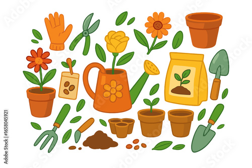 Gardening tools and equipment set for planting flowers. Vector cartoon illustration collection. Hobby items like watering can, pot, seeds, shovel, glove. Grow plant concept.