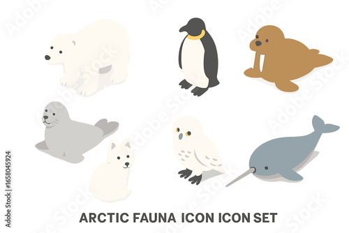 Isometric arctic and antarctic animal icon set. Cute polar fauna collection including polar bear, penguin, walrus, seal, arctic fox, snowy owl and narwhal vector characters.