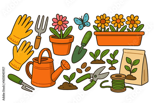 Gardening tools vector collection. Cartoon icons set for planting flowers and plants. Horticulture equipment for spring hobby. Watering can, gloves, spade, pot, seeds.
