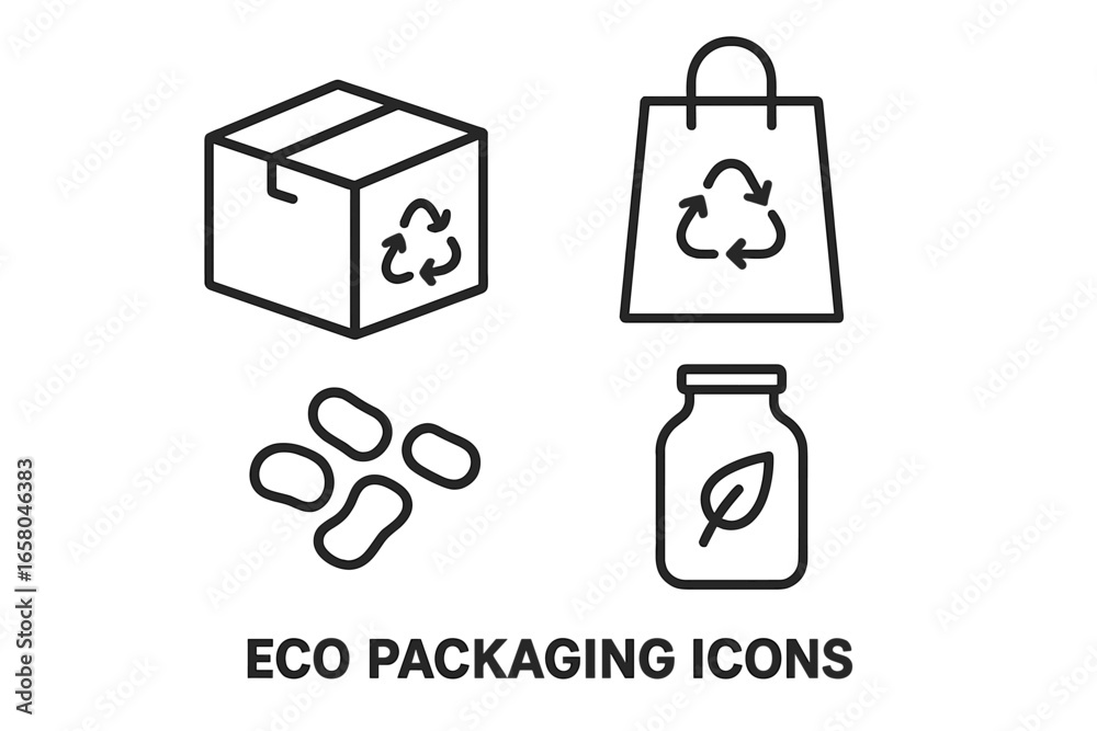 Naklejka premium Eco packaging outline icon set. Sustainable & recyclable materials concept. Cardboard box, paper bag, biodegradable peanuts, glass jar. Zero waste, green package vector symbols.
