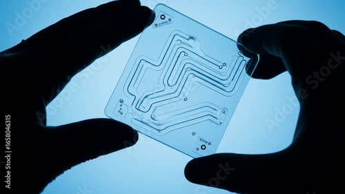 Gloved Hands Inspecting Microfluidic Device