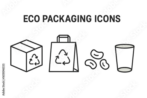 Eco packaging icons set. Outline vector illustrations of sustainable, recyclable materials. Cardboard box, paper bag, biodegradable peanuts, and glass container for zero waste.
