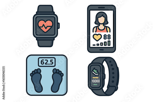 Health and wellness tech icon set. Fitness tracking and monitoring vector collection. Smartwatch, activity tracker, mobile app, and digital scale for lifestyle improvement.
