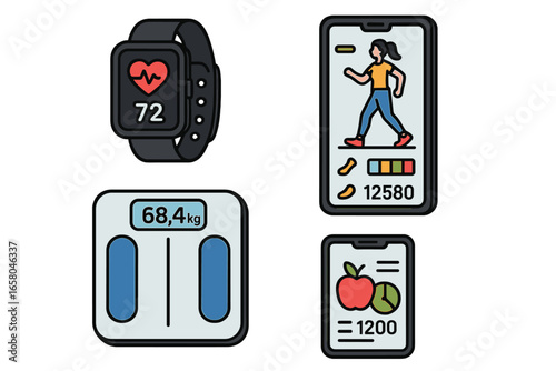 Health and fitness app icon set. Wellness technology concept with smartwatch heart rate monitor, step counter, digital weight scale and diet calorie tracker. Vector illustration.