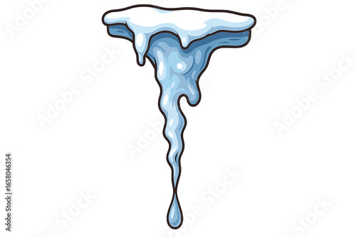 Icicle vector illustration with melting snow cap. Frozen water drop hanging. Cartoon style winter weather icon. Cold season frost element. Ice stalactite graphic design asset.