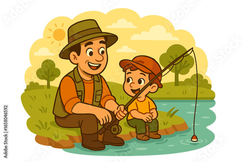 Father teaching son to fish on a river bank. Family bonding and quality time. Outdoor summer activity. Man and boy with fishing rod. Parenthood and childhood memories. Vector illustration.