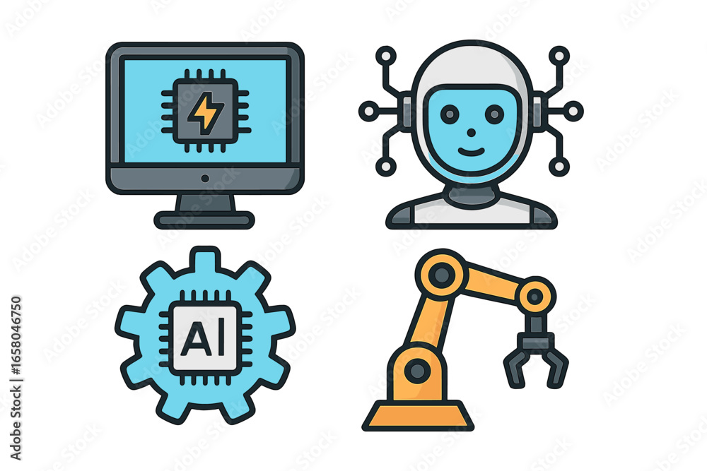 Obraz premium Icons representing technology, AI, and automation in modern industries. Vector cartoon set with robot, computer, processor and robotic arm. Future tech and machine learning concept.
