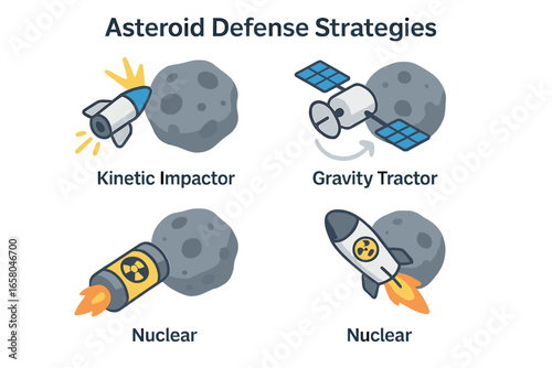 Asteroid defense strategies icon set. Planetary protection from meteor impact. Kinetic impactor, gravity tractor, nuclear deflection methods. Space science vector illustration.