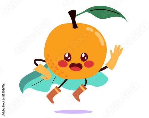 Charming orange character dressed as a superhero flying with a cape, ideal for children’s projects and healthy food promotions cartoon vector illustration