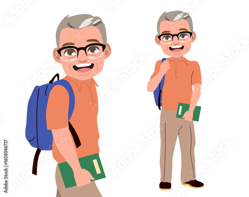 Elderly man with a backpack and notebook symbolizing adult education, lifelong learning and university opportunities for seniors
