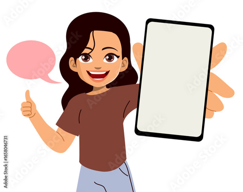 Elegant hispanic Latina woman holding a smartphone with a pink speech bubble, suitable for digital marketing, communication and mobile app presentations cartoon vector illustration