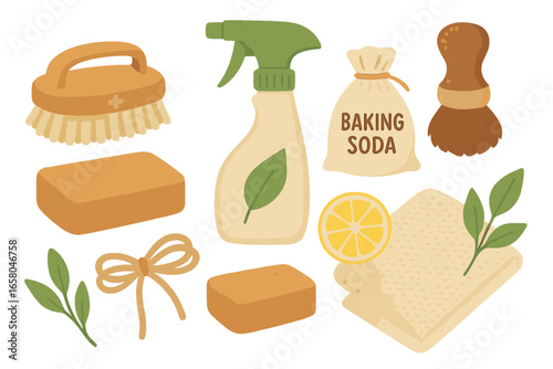 Eco-Friendly Cleaning Supplies Vector: Natural Tools, Baking Soda, Lemon Slice, Brushes, Sponges, Zero Waste Hygiene Essentials, Sustainable Home Care Products, Flat Lay Cartoon Illustration