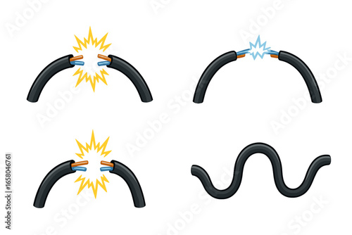 Vector illustration of broken and connected electrical wires. Set with short circuit, electricity spark, arc. Concept of power damage, connection problem, and repair icon.