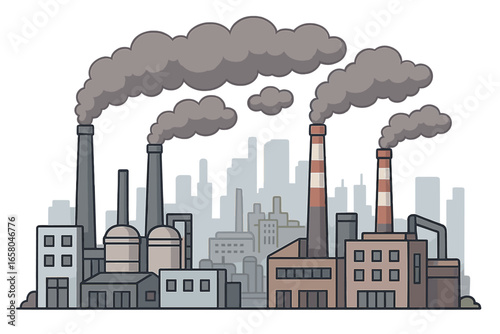Industrial factories with smokestacks emitting heavy pollution and toxic smoke into urban air, cityscape environmental crisis, industrial buildings skyline, ecological disaster vector illustration