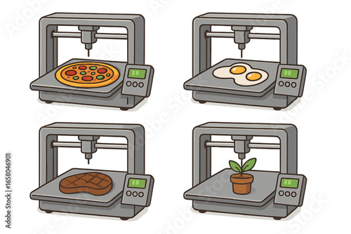 Futuristic 3D Food Printing Technology Vector. Cartoon Illustrations of Pizza, Eggs, Meat, Plant-Based Foods. Modern Kitchen Innovation Concept. Food Manufacturing Automation. Transparent Background.