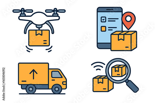Innovative logistics solutions with drone delivery and advanced package tracking technologies for efficient shipping and transportation, vector cartoon illustration on transparent background