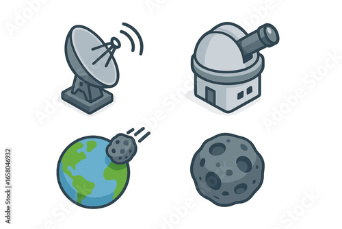 Isometric asteroid tracking icon set for planetary defense. Near-Earth object danger concept with observatory, radar dish, meteor impact on Earth. Space research vector.