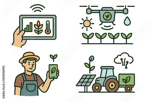 Innovative technology transforming sustainable agriculture with modern farming practices, eco-friendly solutions, smart farming equipment, and advanced crop management vector cartoon illustration