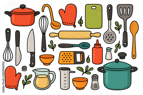 Kitchen utensils and cooking tools vibrant cartoon vector set, creative arrangement with cookware, food prep accessories, baking items, utensils, and culinary inspiration for home chefs