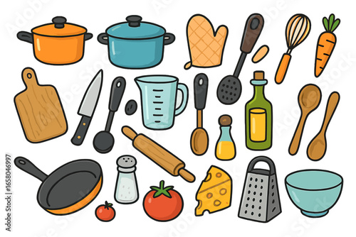 Vibrant Cartoon Vector Kitchen Utensils and Cooking Tools Collection. Creative Culinary Inspiration Layout with Pots, Pans, Cutlery, Cutting Board, Ingredients. Isolated Transparent Background.