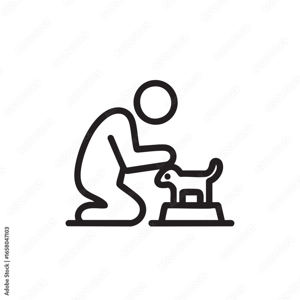 A line drawing of a person feeding a pet. A line drawing of a person feeding a pet.