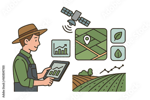 Smart agriculture technology vector illustration with farmer using tablet for data analytics, satellite-based farm mapping, precision farming, environmental monitoring, crop yield optimization