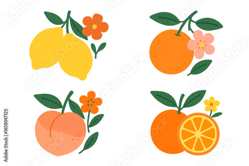Vibrant floral fruit vector illustration set with lemons, oranges, and peaches, simple flat cartoon style, fresh summer botanical design, decorative elements for packaging, transparent background