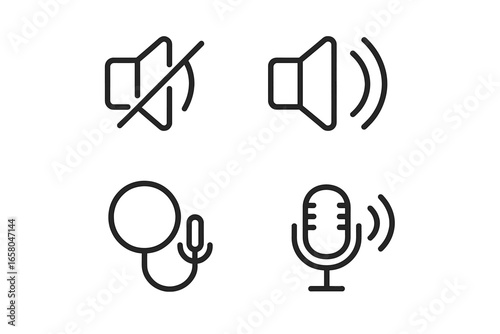 Audio icon set for UI and UX design. Collection of simple outline symbols for volume control, mute, unmute, microphone, voice recording, podcasting and streaming media.