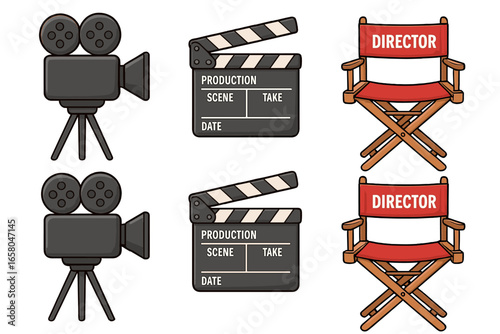 Movie production icon set with retro camera, director chair, and clapperboard. Cinema filmmaking elements. Vector cartoon illustration for film industry or video concept.