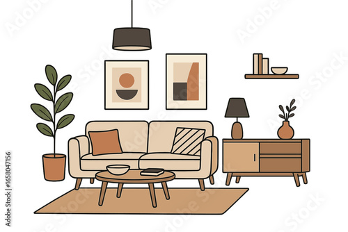 Modern minimalist living room interior with stylish furniture, cozy sofa, coffee table, decorative art prints, indoor plant, lamp, bookshelf, Scandinavian home decor, vector cartoon illustration