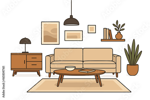 Contemporary minimalist living room interior design with modern furniture, decor, plants, rug, shelving, lamp, clean space aesthetic. Stylish cartoon vector illustration for home, decor concepts.