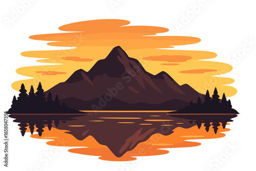 Mountain silhouette reflection sunset lake landscape nature scenery peaceful wilderness tranquil evening golden hour outdoor adventure travel destination vector illustration