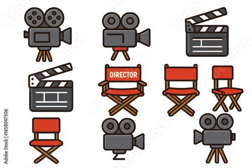 Movie production icons set. Cartoon vector illustration of vintage movie cameras, director chair, clapperboard, film production equipment, filmmaking symbols isolated on transparent background.