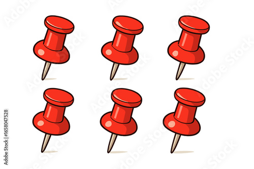 Red push pins collection isolated on white minimalist background, vector cartoon illustration, office stationery, school supplies, reminders, organization, transparent backdrop, set of six