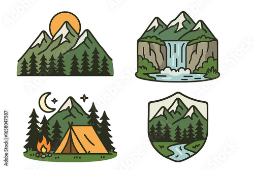 Mountain landscape vector illustration set with pine forest, river, waterfall, sunrise, tent camping, campfire, moon, stars, nature outdoor adventure, travel badge. Cartoon style isolated clipart.