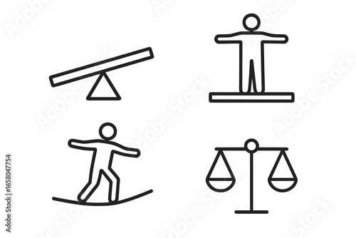 Balance and stability icon set. Seesaw, plank, tightrope walker, and justice scales symbols. Concept of equilibrium, harmony, work-life balance, and risk. Linear vector.