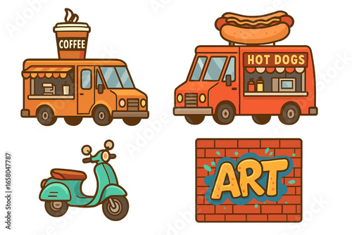 Set of urban city life vector elements. Street food festival icons with coffee and hot dog trucks. Retro scooter for delivery. Graffiti wall art. Flat cartoon style illustration.