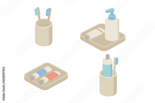 Bathroom toiletries isometric icon set. Vector illustration of personal hygiene items. Toothbrush in a holder, toothpaste tube, soap dispenser on an organizer tray. Dental care.