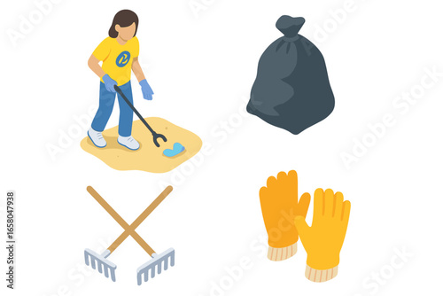 Beach cleanup isometric icon set. Volunteer collecting trash from sand. Environmental protection concept with grabber tool, full garbage bag, rakes, and protective gloves.