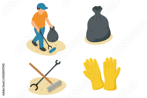 Beach cleanup icon set. Isometric volunteer collecting trash. Plastic pollution & environment care. Man with grabber tool, trash bag, rake, gloves. Eco vector illustration.