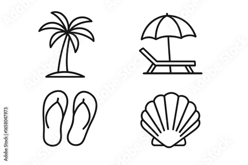 Beach vacation line icon set with palm tree, sun lounger, umbrella, flip flops, and seashell. Summer holiday and travel concept symbols. Tropical seaside retreat pictogram.